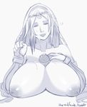  1girl bare_shoulders breasts circlet closed_eyes cum cum_on_body cum_on_breasts cum_on_upper_body dark_souls detached_sleeves facial hetero highres huge_breasts inverted_nipples live_for_the_funk long_hair monochrome nipples paizuri penis queen_of_sunlight_gwynevere smile solo_focus souls_(from_software) veil 