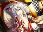  breasts canine drooling fang fangs female fox fox_ears fox_tail foxgirl hair hair_bell hi_res human inside japanese_clothes japanese_clothing koishi_chikasa long_hair looking_at_viewer mammal navel nipples no_bra nopan original s_kanojo saliva silver_hair slit_pupils tail tongue wariza white_hair yellow_eyes 