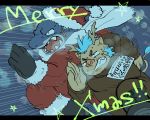  2018 anthro boar christmas clothed clothing duo english_text fish gouryou hat holidays humanoid_hands japanese_text male mammal marine nunutaro3 overweight overweight_male porcine shark text tokyo_afterschool_summoners typhon video_games 