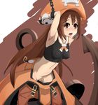  armpits arms_up bdsm blush bondage bound breasts brown_eyes brown_hair chain covered_nipples fingerless_gloves gloves guilty_gear hat highres impossible_clothes infraton long_hair may_(guilty_gear) midriff open_mouth orange_hat pants_pull pirate_hat pussy pussy_juice saliva small_breasts solo very_long_hair 