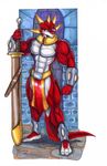  2011 3_toes abs anthro armor belt biceps big_muscles bracelet dragon grey_skin horn jewelry loincloth male muscles pecs pose red_skin reptile scales scalie sha_lo solo standing sword toned topless unamused vein weapon wolfgangcake yellow_eyes 