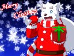  2018 anthro black_nose blue_eyes christmas clothing english_text fur gloves holidays male mammal no_tes one_eye_closed overweight overweight_male polar_bear scarf shirane_kan solo text ursine utau white_fur wink 