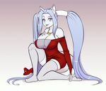  areola big_breasts blue_eyes blue_hair blue_nipples blue_nose blue_tongue breasts cat cleavage clothed clothing dress feline female fur hair heels legwear long_hair looking_at_viewer mammal necklace nipples scorpdk smile solo stockings white_fur 