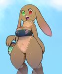 clothing easter female green_eyes heterochromia holidays lagomorph mammal nipples pink_nipples plantpenetrator pussy rabbit red_eyes solo thick_thighs torn_clothing 