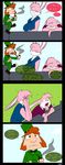  big_breasts breasts comic dialog easter easter_bunny english_text female green_eyes hair hat holidays lagomorph leprechaun male mammal orange_hair rabbit slypon smoking text tongue tongue_out unamused 