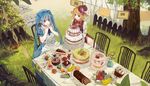  alice_in_musicland_(vocaloid) aqua_hair banana blonde_hair bou_shaku bow bowtie cake chair dress food fruit grass hatsune_miku highres kagamine_rin long_hair multiple_girls short_hair sitting table tiered_tray twintails very_long_hair vocaloid 