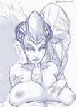  breast_press breasts collarbone deep_skin fellatio forehead_protector highres huge_breasts licking live_for_the_funk long_hair monochrome nipples nude oral paizuri penis precum sketch solo_focus the_legend_of_zelda the_legend_of_zelda:_ocarina_of_time tongue tongue_out tsurime twinrova twintails uncensored watermark web_address 