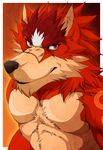 aluminemsiren anthro biceps black_nose body_markings brown_fur canine chest_tuft flexing fur looking_at_viewer male mammal markings muscles orange_fur pecs pose red_eyes red_fur solo tan_fur toned topless tuft wolf 