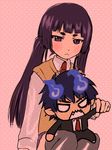  1boy 1girl angry ao_no_exorcist blue_fire blue_hair blush chibi couple demon_tail doll eyebrows fang fire hand_holding hime_eyebrows kamiki_izumo necktie okumura_rin purple_hair red_hair school_uniform thighhighs twintails vest 