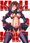 abs absurdres blue_eyes blush breasts brown_hair clenched_teeth commentary garter_straps hair_ornament hands_on_hips highres imizu_(nitro_unknown) kill_la_kill large_breasts long_sleeves looking_away matoi_ryuuko md5_mismatch midriff multicolored_hair navel panties purple_legwear purple_panties red_hair revealing_clothes senketsu showgirl_skirt solo streaked_hair suspenders sweat teeth thighhighs toned underboob underwear wavy_mouth 