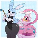  bent_over black_eyes blue_hair blue_skin bow breasts butt cat cleavage clothed clothing easter feline female gloves hair hi_res holidays lagomorph looking_back mammal one_eye_closed pink_nose pink_skin rabbit short_hair sssonic2 standing thick_thighs thighs voluptuous wide_hips wink 
