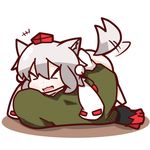  &gt;_&lt; :3 animal_ears bottomless closed_eyes couch fang hat highres inubashiri_momiji nuu_(nu-nyu) open_mouth silver_hair tail tail_wagging tokin_hat touhou wolf_ears wolf_tail 