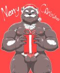 2018 anthro balls belly blue_eyes christmas english_text erection holidays humanoid_hands jumperbear male mammal moobs nipples overweight overweight_male penis red_background simple_background solo text ursine 