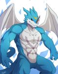  abs abstract_background anthro biceps big_muscles blue_dragon blue_skin body_markings claws digimon dragon exveemon flexing grey_skin horn male markings muscles pecs pose rabbity red_eyes reptile scales scalie solo standing toned wings 