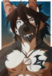  aluminemsiren black_hair black_nose blue_eyes chest_tuft facial_piercing fangs fur grey_fur hair lip_piercing male muscles necklace nipples pecs piercing pose solo tattoo teeth toned topless tuft white_fur 