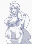  ahoge breasts circlet cleavage commentary covered_nipples detached_sleeves highres huge_breasts jewelry lips live_for_the_funk long_hair monochrome nayru neck_ring pointy_ears sash sideboob standing the_legend_of_zelda wide_hips 