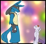  backlash91 female flower lucario male mewtwo nintendo pok&#233;mon pok&eacute;mon purple_eyes red_eyes sharp_claws size_difference spikes standing video_games 