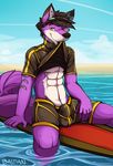  anthro bastianwolf black_hair black_nose bulge canine clothing eyewear fur goggles green_eyes grin hair male mammal muscles one_eye_closed pecs pose presenting purple_fur shirt shirt_lift shorts sitting smile solo surfboard swimsuit tattoo teeth toned underwear water wet wetsuit white_fur wink wolf 