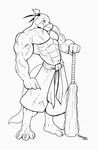  2007 3_toes 4_fingers abs anthro belt biceps big_muscles claws clothing club dragon grin hair horn looking_at_viewer male muscles navel pants pecs reptile scalie scar sketch smile solo standing toe_claws toned topless vein weapon whiskers wolfgangcake 