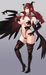 alternate_costume bad_id bad_pixiv_id black_panties blush boots breasts cameltoe demon_horns elbow_gloves fur_trim g-string gloves hand_on_hip highleg highleg_panties horns iwauchi_tomoki large_breasts maou_(maoyuu) maoyuu_maou_yuusha panties red_eyes red_hair revealing_clothes solo thigh_boots thighhighs thong underwear wings 