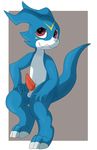  balls blue_body blue_skin digimon erection fangs feline-fattale looking_up male nude penis red_eyes red_penis sitting solo tapering_penis veemon white_belly white_skin 