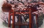  blonde_hair bou_shaku cherry_blossoms leaves luo_tianyi torii tree vocaloid vocaloid_china 