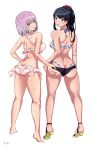  2girls ass ass_grab bangs bikini black_hair blue_eyes blush breasts butt_crack dimples_of_venus feet female frilled_bikini frills from_behind full_body hair_ornament high_resolution large_breasts lavender_hair long_hair looking_at_viewer looking_back multiple_girls open_mouth picantium ponytail sandals shinjou_akane soles ssss.gridman striped striped_bikini striped_swimsuit swimsuit takarada_rikka thick_thighs thighs tied_hair very_high_resolution 