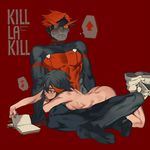  1girl ass black_hair black_skin blush book breasts eighth_note kill_la_kill lying_on_lap lying_on_person matoi_ryuuko medium_breasts musical_note nude personification reading red_background red_hair rei_(sanbonzakura) senketsu shoes short_hair sitting sneakers spoken_musical_note sweat yellow_sclera 