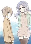  1girl amesawa_mokke bad_id bad_pixiv_id blue_eyes blue_hair grey_hair height_difference hiradaira_chisaki isaki_kaname long_hair nagi_no_asukara short_hair standing thighhighs 