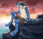  anthro chest_tuft clothing daintydragon digitigrade dragon fur gold hair hand_on_leg holydust horn male rocks scalie sea shirt shorts sitting solo spikes sunset tuft water 