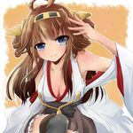  ahoge bare_shoulders black_legwear blue_eyes boots breasts brown_hair cleavage detached_sleeves double_bun hair_ornament hairband headgear japanese_clothes kantai_collection kongou_(kantai_collection) large_breasts long_hair looking_at_viewer nano_(cherry_line) nontraditional_miko open_mouth pleated_skirt skirt smile solo thigh_boots thighhighs zettai_ryouiki 