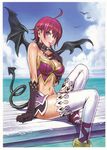  absurdres ahoge blush breasts cleavage collar copyright_request demon_girl demon_tail elbow_gloves gloves high_heels highres large_breasts legs lips lipstick makeup midriff navel pointy_ears red_eyes red_hair shoes short_hair smile solo succubus tail thighhighs thighs water white_legwear wings yamashita_shun'ya 
