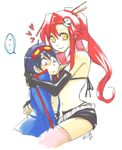  1boy 1girl bikini_top breast_smother fingerless_gloves gloves goggles goggles_on_head hair_ornament hair_stick heart hug long_hair mismatched_gloves ponytail red_hair scarf short_shorts shorts simon striped striped_scarf tengen_toppa_gurren_lagann thighhighs yellow_eyes yoko_littner 