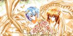  ayanami_rei bad_id bad_pixiv_id bare_shoulders blue_eyes blue_hair bridal_veil bride bug butterfly dress flower insect long_hair multiple_girls neon_genesis_evangelion orange_hair red_eyes short_hair souryuu_asuka_langley stu_dts veil wedding_dress 