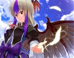  cloud day feathers head_wings hinami_(hinatamizu) horns multicolored_hair red_eyes short_hair single_head_wing sky solo tokiko_(touhou) touhou wings 