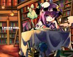  book bookshelf chin_rest crescent cup desk english hat jiageya_(atojian_keikaku) ladder lamp library long_hair mushroom patchouli_knowledge purple_eyes purple_hair quill reading sitting solo steam table teacup touhou voile 