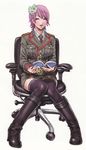  absurdres belt book boots chair flower full_body green_eyes hair_flower hair_ornament highres knees_together_feet_apart lips lipstick makeup necktie nida_schuetlitch office_chair open_mouth short_hair shuraki sitting solo thighhighs uniform yamashita_shun'ya 