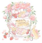  animal animal_focus blue_flower bow cake cake_slice commentary_request cup drinking_glass flower food fruit highres leaf macaron no_humans original petals pink_bow pink_flower pink_petals pink_rose pudding rabbit rearing rose simple_background smoothie sploot strawberry strawberry_cake strawberry_shortcake strawberry_slice tiered_tray twitter_username white_background yufushi 