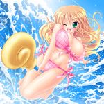  :d bare_shoulders barefoot bikini blonde_hair breasts dark_magician_girl duel_monster foreshortening green_eyes groin kogarashi_(wind_of_winter) large_breasts long_hair one_eye_closed open_mouth side-tie_bikini smile solo splashing swimsuit water yuu-gi-ou yuu-gi-ou_duel_monsters 