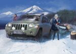  2girls absurdres blue_sky braid car chainsaw commentary day english_commentary green_car grey_hair highres holding holding_chainsaw jeep_(company) jeep_compass license_plate long_hair long_sleeves motor_vehicle mountain multiple_girls original outdoors russia scenery sky snow tree tree_stump white_hair winter yukikaze_supersylph 