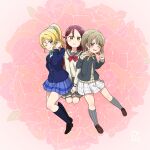  3girls ;) ;d absurdres ayase_eli black_jacket black_socks blazer blonde_hair blue_eyes blue_jacket blue_skirt bow bowtie brown_hair buttons c: cardigan closed_mouth collared_shirt commentary_request crescent crescent_hair_ornament diagonal-striped_bow diagonal-striped_bowtie diagonal-striped_clothes double-breasted floral_background green_bow green_bowtie grey_sailor_collar grey_skirt grey_socks hair_ornament hair_scrunchie highres homaru_(kurumique) in-franchise_crossover jacket long_hair long_sleeves looking_at_viewer love_live! love_live!_nijigasaki_high_school_idol_club love_live!_school_idol_project love_live!_sunshine!! love_live_series_9th_anniversary_love_live!_fest miniskirt multiple_girls nakasu_kasumi neck_ribbon nijigasaki_school_uniform one_eye_closed open_clothes open_jacket otonokizaka_school_uniform pink_background pink_eyes pinstripe_socks plaid_clothes plaid_skirt pleated_skirt ponytail red_bow red_bowtie red_hair ribbon sailor_collar sakurauchi_riko school_uniform scrunchie serafuku shirt skirt smile socks star_(symbol) star_hair_ornament striped_bow striped_bowtie striped_clothes uranohoshi_school_uniform white_scrunchie white_shirt white_skirt winter_uniform yellow_cardigan yellow_eyes yellow_ribbon 