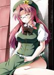  bespectacled blush braid chinese_clothes glasses hat hong_meiling long_hair red_hair sleeping sleeping_upright solo tekehiro touhou twin_braids 