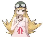  bakemonogatari bare_shoulders blonde_hair dress food goggles goggles_on_head helmet long_hair monogatari_(series) ooba_kou oshino_shinobu solo strap_slip yellow_eyes 