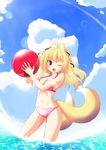  animal_ears bad_id bad_pixiv_id ball beachball bikini blonde_hair fox_ears fox_tail highres kitsuneno_yuzuma long_hair multiple_tails original red_eyes solo swimsuit tail 