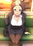  1girl alternate_costume animal_ears bag blue_eyes blush bow breasts brown_hair cleavage ear_bow ear_covers ear_ornament handbag highres horse_ears horse_girl horse_tail jacket looking_at_viewer mejiro_ryan_(umamusume) multicolored_hair nakahira_guy office_lady open_mouth purple_eyes shirt short_hair single_ear_cover smile solo tail train_interior two-tone_hair umamusume white_hair 