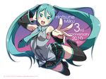  :d aqua_eyes aqua_hair aqua_nails armpits blush boots caffein detached_sleeves excited foreshortening hatsune_miku headphones headset highres jumping long_hair nail_polish necktie open_mouth skirt smile solo thigh_boots thighhighs twintails very_long_hair vocaloid zettai_ryouiki 