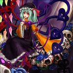  asymmetrical_wings blood blue_flower blue_rose eyes flandre_scarlet flower fusion green_hair hat houjuu_nue komeiji_koishi long_hair ponytail red_eyes rose side_ponytail skull solo suria_(jie) touhou wings 