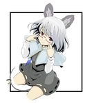  adjusting_eyewear animal_ears bad_id bad_pixiv_id bespectacled capelet glasses grey_hair jewelry long_sleeves mouse_ears mouse_tail nazrin pendant purple_eyes short_hair solo tail touhou tsuttsu 