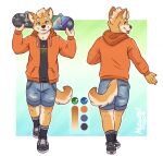 2025 anthro black_clothing black_shirt black_t-shirt black_topwear blonde_hair blue_background blue_eyes bottomwear brown_nose canid canine canis cel_shading clothing denim denim_bottomwear denim_clothing denim_shorts domestic_dog finn_the_skaterboy footwear full-length_portrait fur gender_symbol gradient_background green_eyes hair heterochromia hi_res holding_skateboard hoodie jewelry lgbt_pride male male/male_symbol male_symbol mammal model_sheet mytigertail necklace orange_body orange_clothing orange_fur orange_hoodie orange_topwear peace_symbol plantigrade portrait pride_colors print_clothing print_shirt print_t-shirt print_topwear sexuality_symbol shaded shiba_inu shirt shoes shorts signature simple_background sneakers socks solo spitz standing sticker symbol t-shirt tan_body tan_fur teenage_mutant_ninja_turtles tongue tongue_out topwear transgender_pride_colors vans vincian_pride_colors