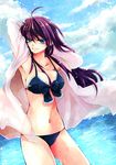  armpits arms_behind_head bikini blue_eyes breasts cleavage front-tie_top highres hiyori7 large_breasts long_hair navel open_clothes open_shirt original purple_hair robe shirt solo swimsuit water 